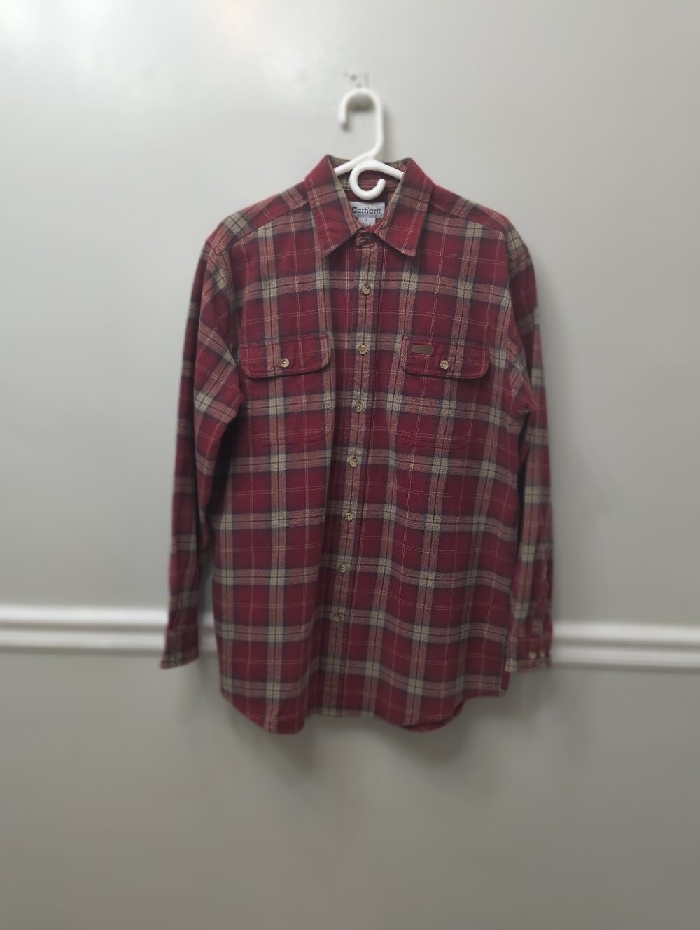 Vtg. Carhartt Men's Cotton Shirt Large Tall LT Red Tan Plaid Y2K Grunge Workwear